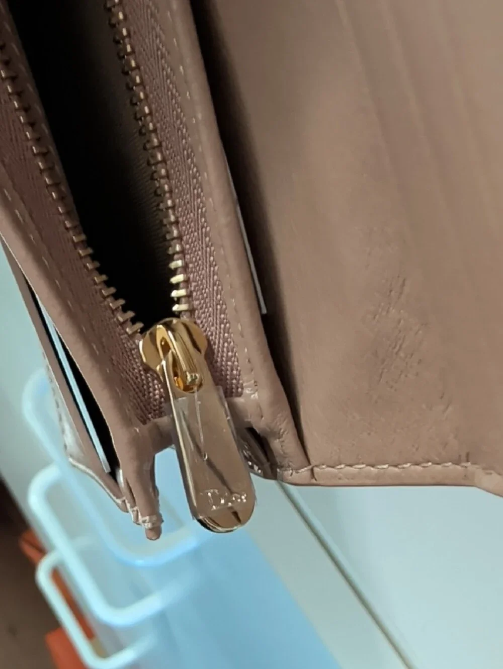 Taupe Patent Leather Zip Wallet with Gold Hardware